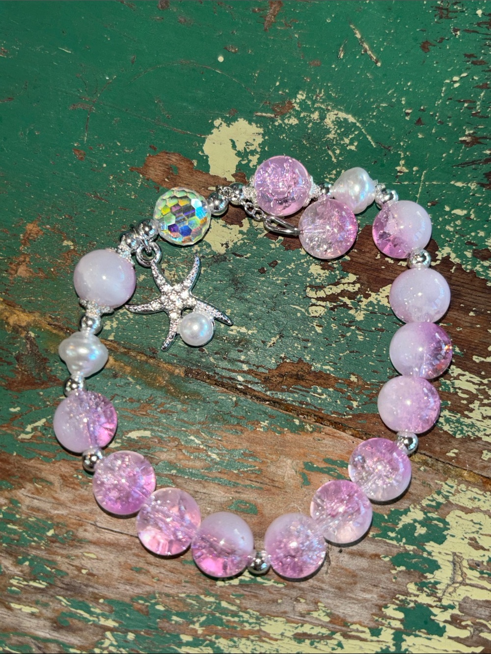 Handmade Pearl Starfish Beaded Bracelet with Sterling Silver